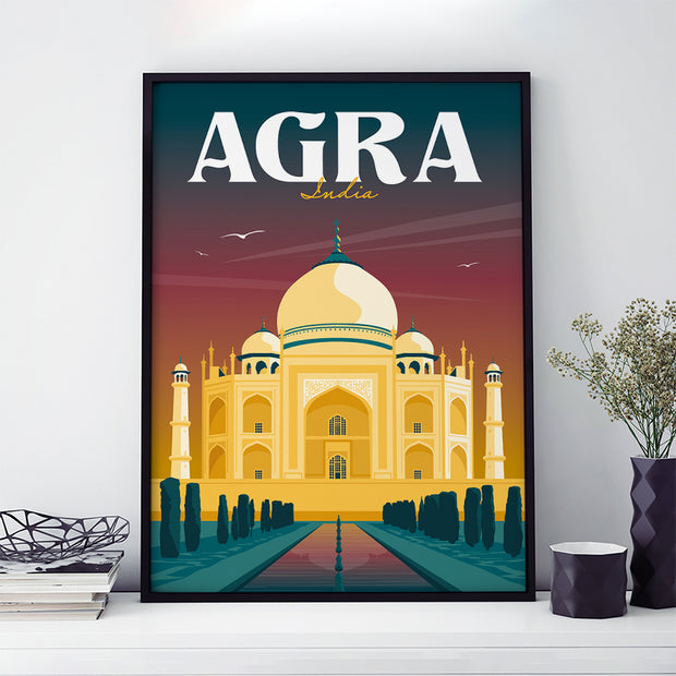 Agra, India travel poster depicting the stunning Taj Mahal at night