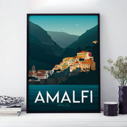 Travel poster showing a view of the Amalfi Coast in Italy