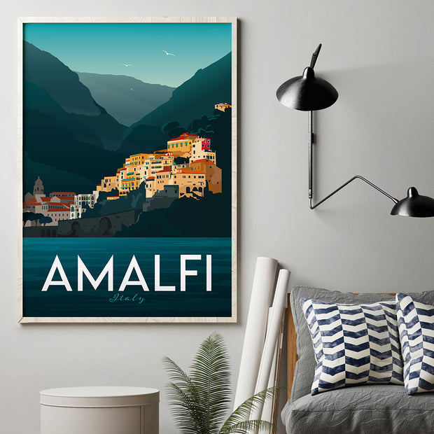 Travel poster showing a view of the Amalfi Coast in Italy