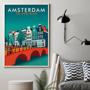 Travel poster of the canals and bridges of Amsterdam, the Netherlands in bright abstract colours