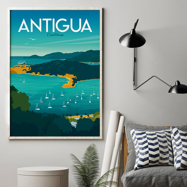 Colourful travel poster of the Caribbean island of Antigua