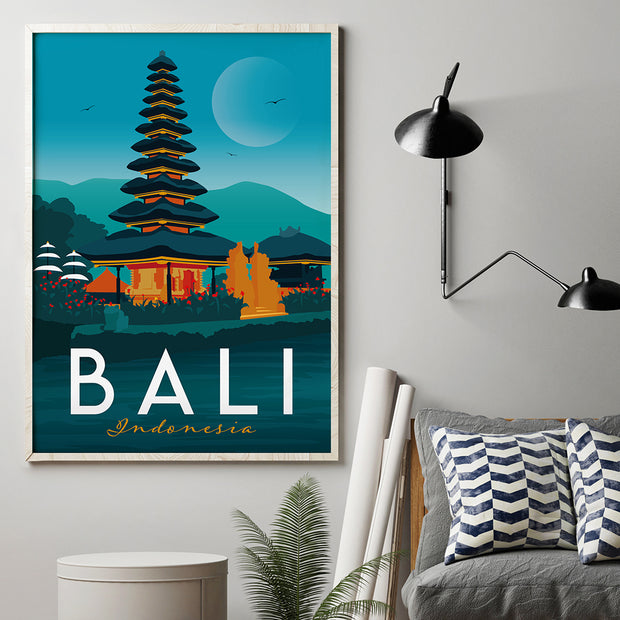 Travel poster of Bali, Indonesia, showing a view of Balinese Hindu temple Ulun Danu Bratan