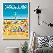 Colourful Barcelona travel poster with view from Park Güell in Spain