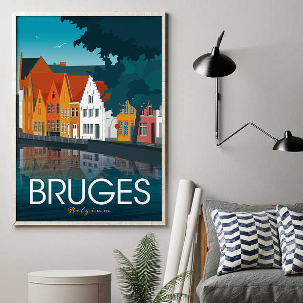Travel poster showing a view of the river and quaint houses in Bruges, Belgium