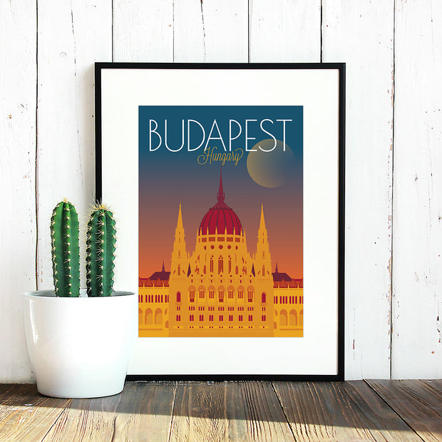 Budapest Travel Poster illustrating the Hungarian parliament building at night