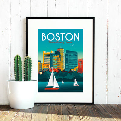 Boston travel poster with view of the city over the water with sailing boats