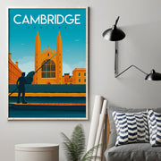 Travel poster of Cambridge with view of Kings Colleges from the River Cam with punt in the foreground
