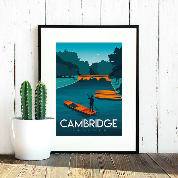 Travel poster of the River Cam in Cambridge River Cam with punts on the water