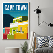 Colourful travel poster of Cape Town with view from the Bo-Kaap area, with Table Mountain in the background