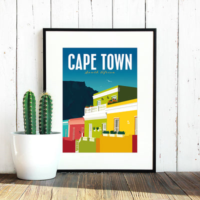 Colourful travel poster of Cape Town with view from the Bo-Kaap area, with Table Mountain in the background
