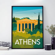 Colourful travel poster of Athens, Greece, with view of the ruins of the temple of Hephaestus 