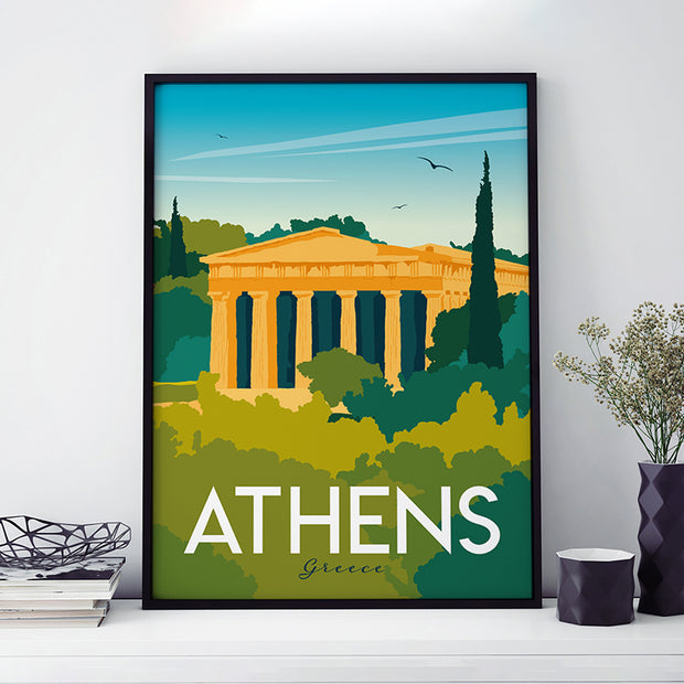Colourful travel poster of Athens, Greece, with view of the ruins of the temple of Hephaestus 