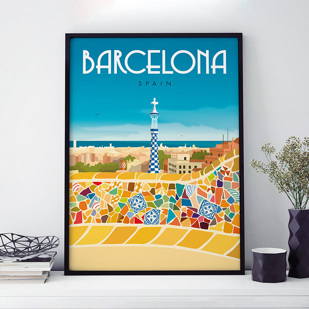 Colourful Barcelona travel poster with view from Park Güell in Spain