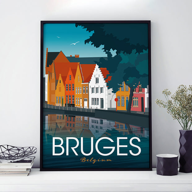 Travel poster showing a view of the river and quaint houses in Bruges, Belgium