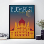 Budapest Travel Poster illustrating the Hungarian parliament building at night