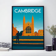 Travel poster of Cambridge with view of Kings Colleges from the River Cam with punt in the foreground